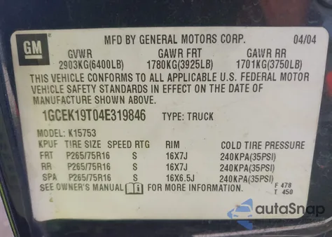 2004 Chevrolet Silverado 1500 Z71 from USA, damaged, VIN 1GCEK19T04E319846